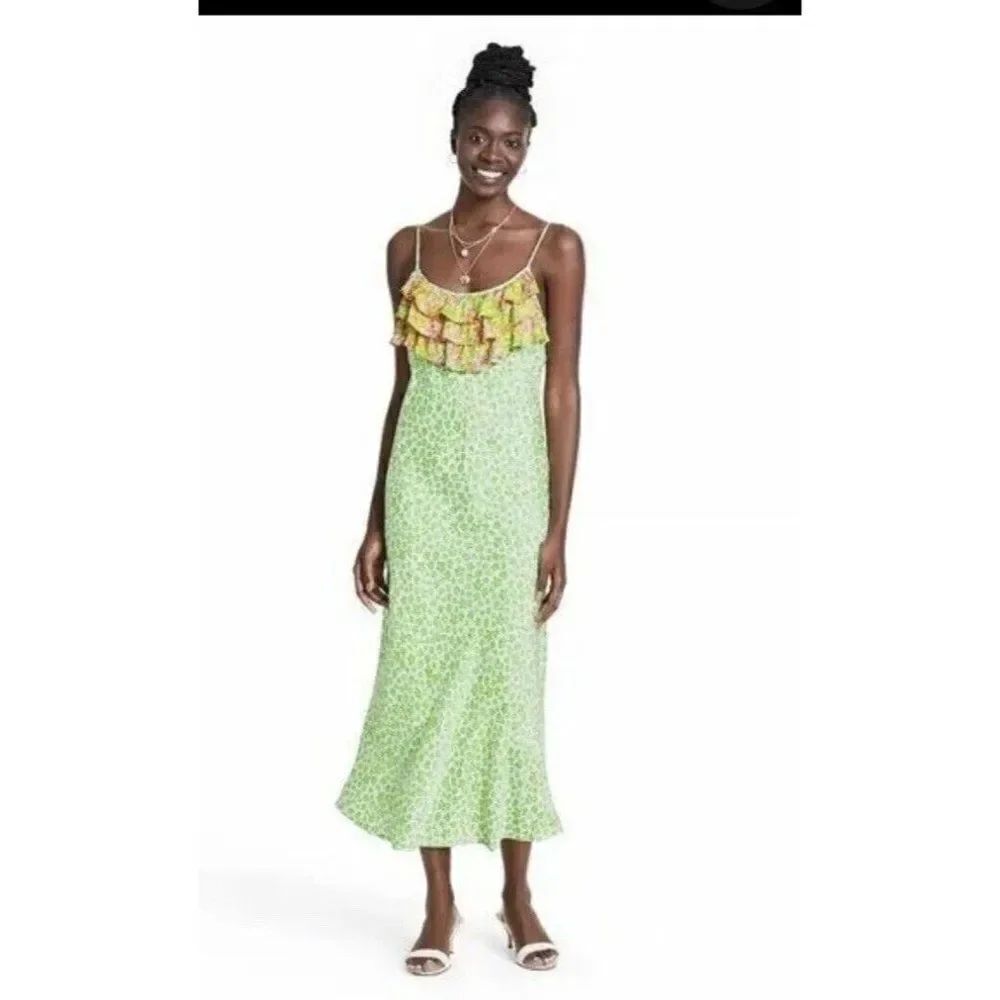 Rixo Green Sleeveless Leopard Print Floral Ruffle Top Maxi Dress Size XXS